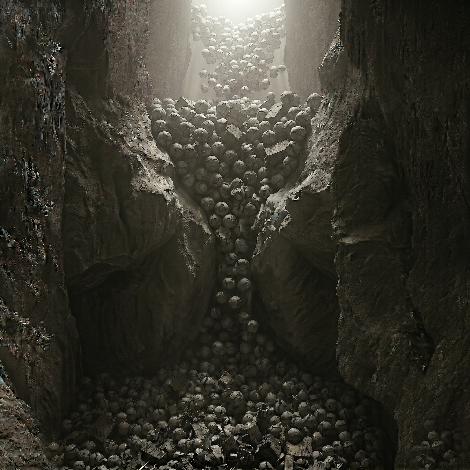A torrent of stone spheres cascading down a narrow canyon — agents producing work faster than the pipeline below can absorb it