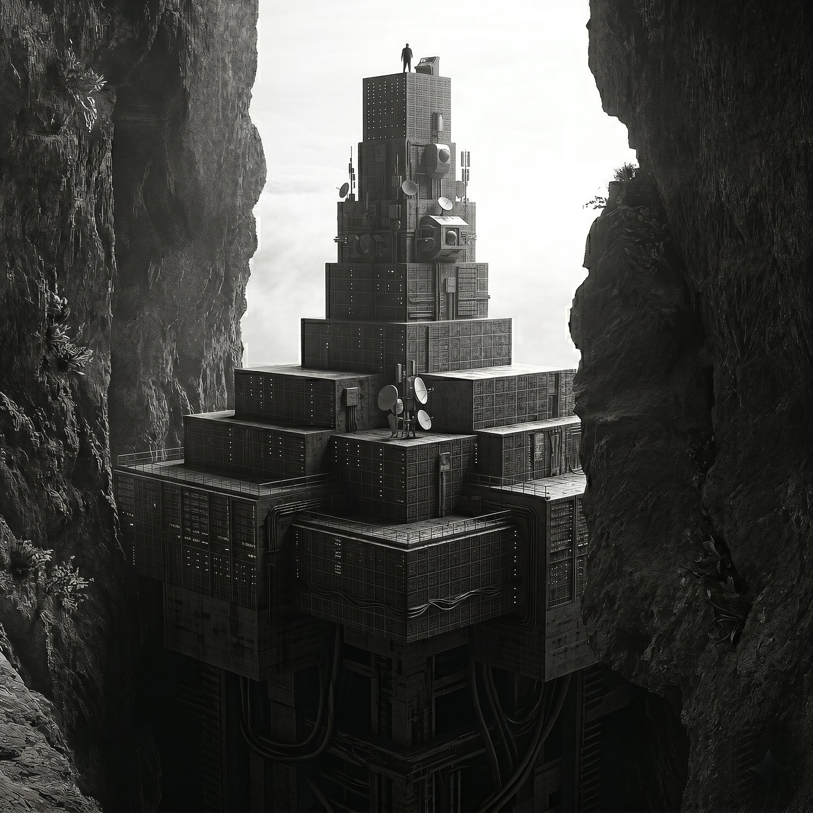 A figure stands atop a precarious tower of stacked containers wedged between cliff walls — the human cost stacked on top of every cache-miss reload