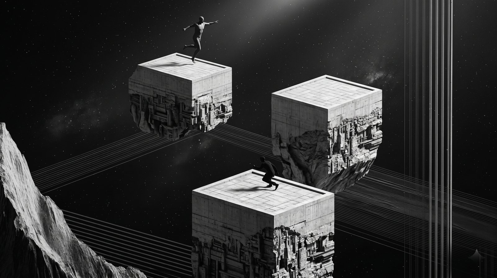 A figure leaps between three isolated concrete cubes floating in space, each carrying its own cityscape — a visual metaphor for crossing type boundaries between microservices