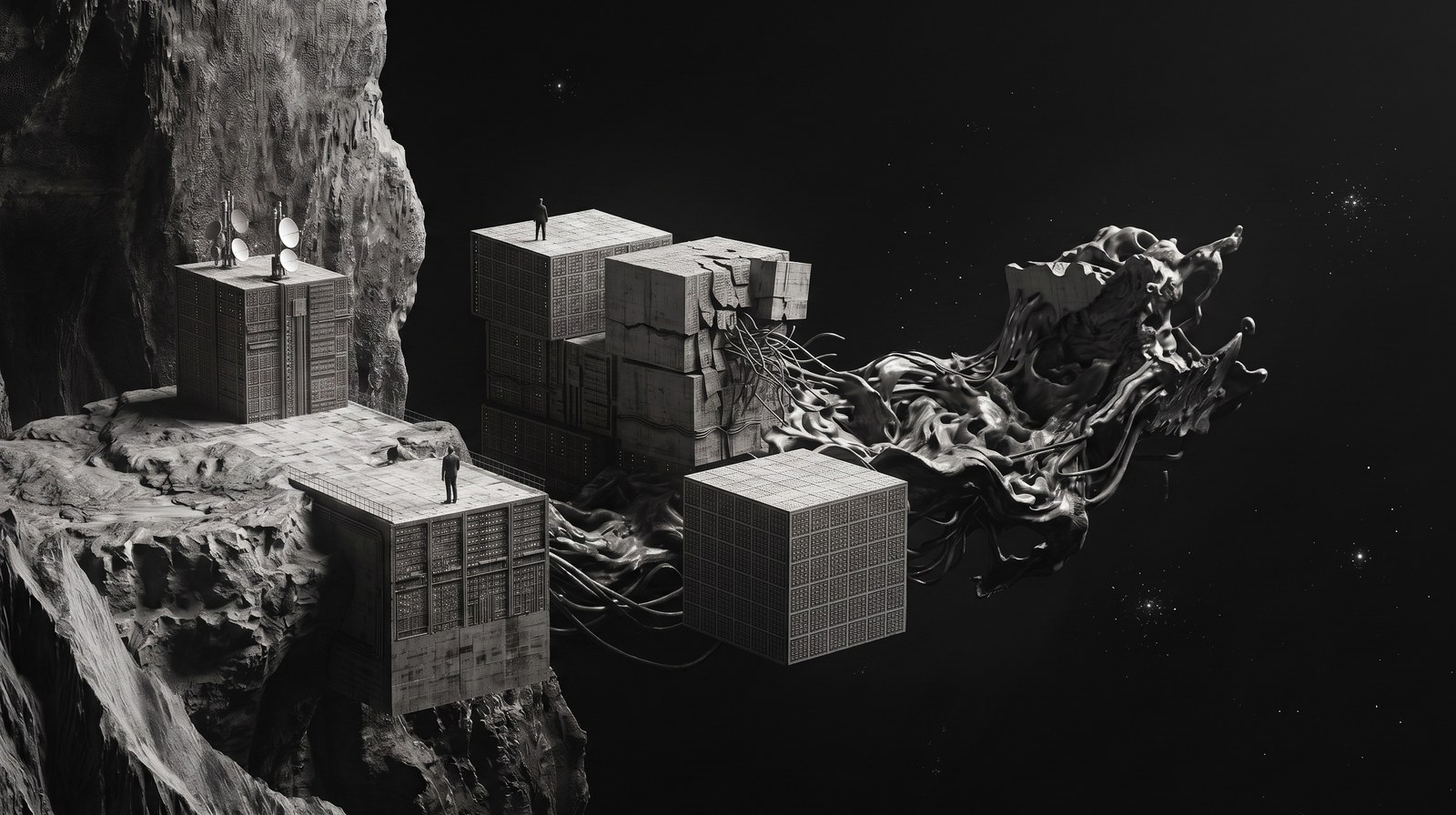 A monochrome scene of cubic structures and a small figure perched on a cliff edge, with metallic liquid drifting out into a starfield — a visual metaphor for the structured output cliff where well-typed schemas meet unstructured model behaviour